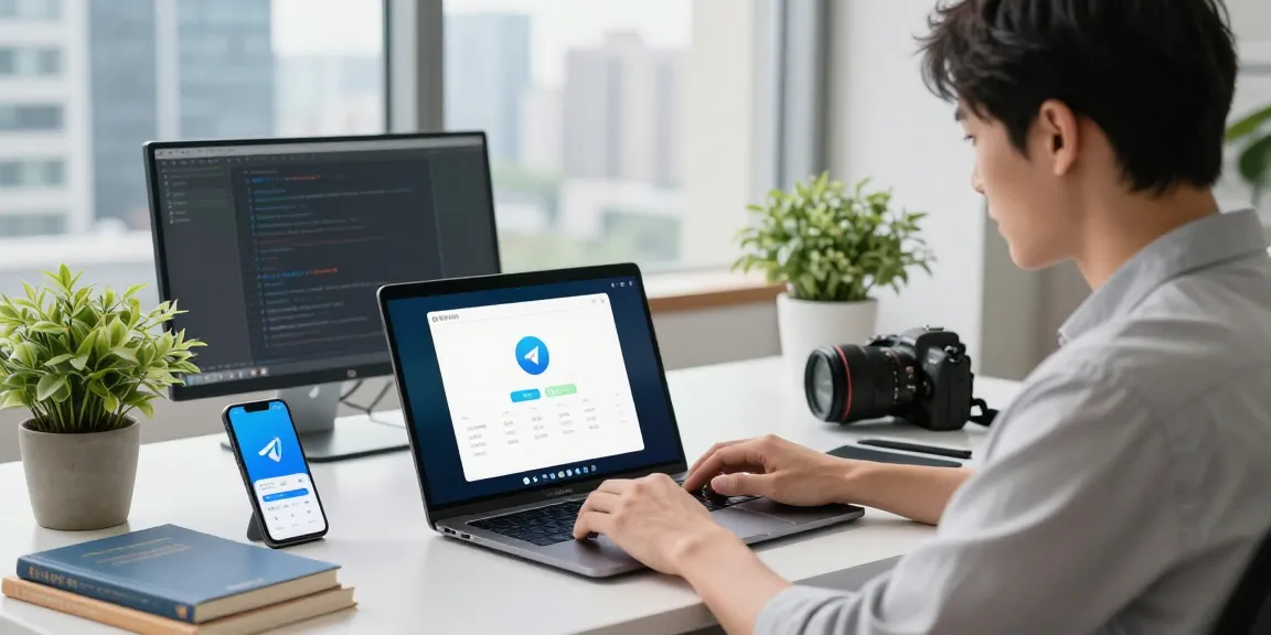 Set up Telegram Chinese language interface in a modern tech workspace environment with a laptop and city view.