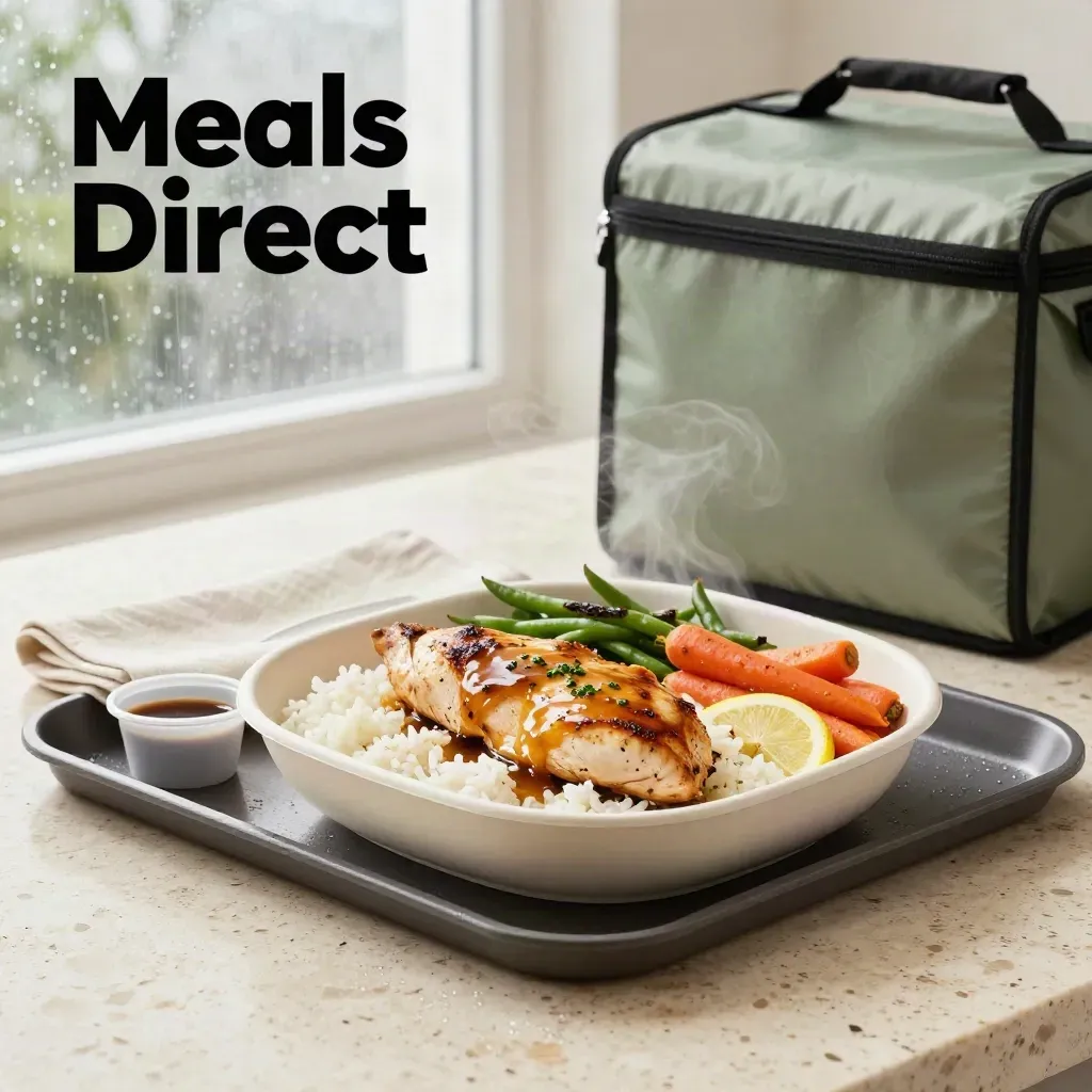 Chicken dinner bowl tray with rice, green beans, carrots and sauce on pale stone, softly steaming.