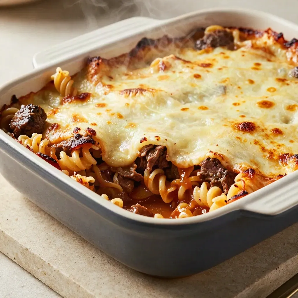 Extreme macro of beef pasta bake with browned cheese, glossy sauce and steam on pale stone.