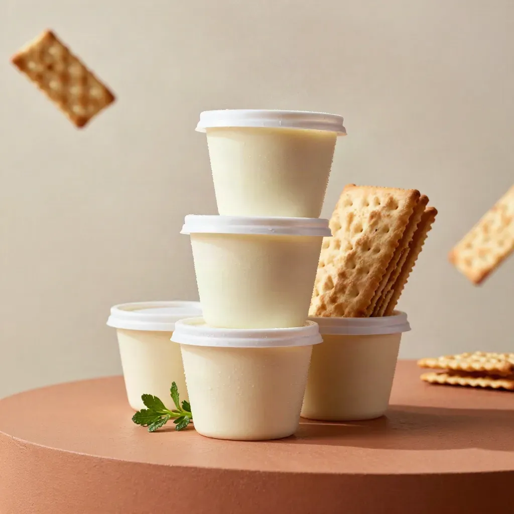 Four soup cups stacked diagonally with crackers and herbs on a terracotta plinth.