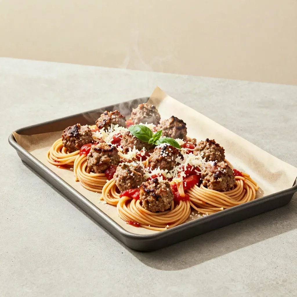 Family tray of turkey meatball pasta on pale concrete with steam and basil