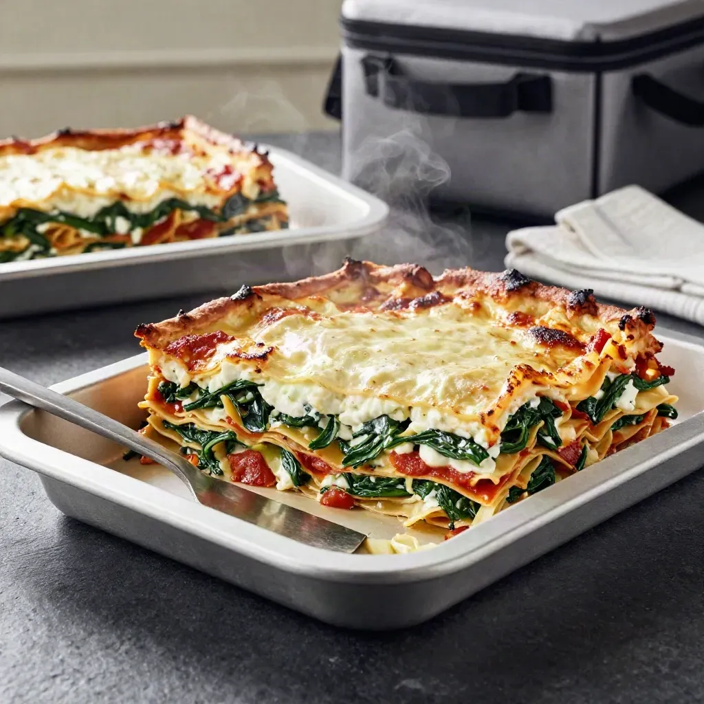 Spinach ricotta lasagna tray with a cut slice, steam, and cream-toned meal delivery props