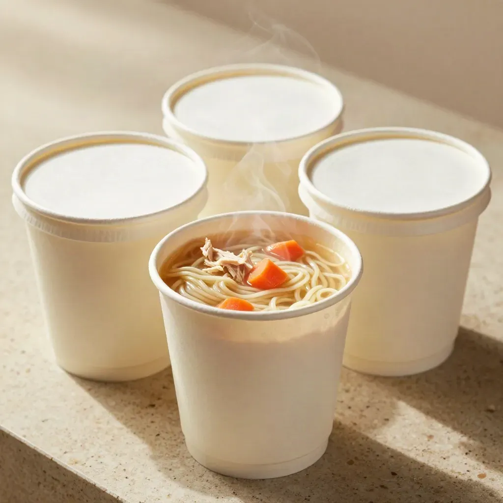 Four chicken noodle soup cups on limestone, one open with steam and visible noodles.