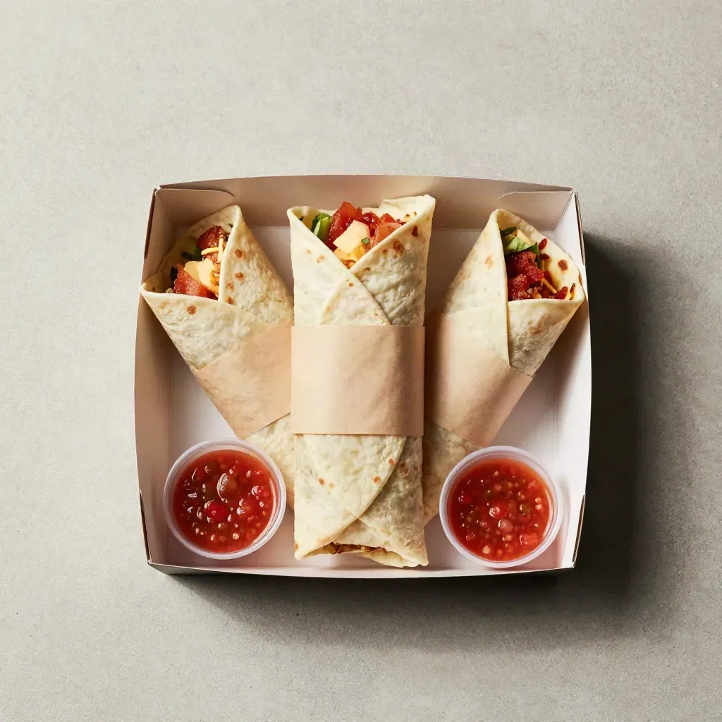 Overhead flatlay of an open breakfast burrito box with three burritos and salsa cups