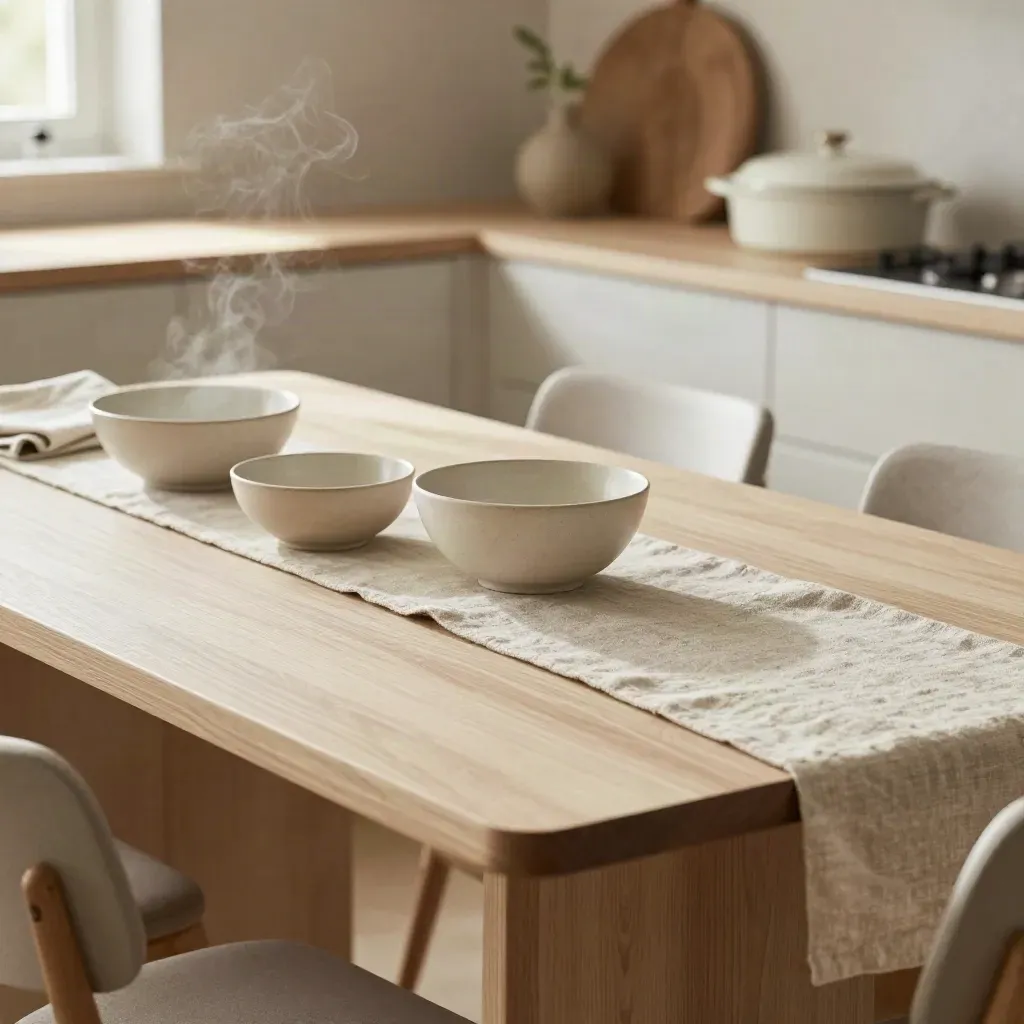Bright dining nook with steam, neutral bowls, and open copy space on a pale wood table.