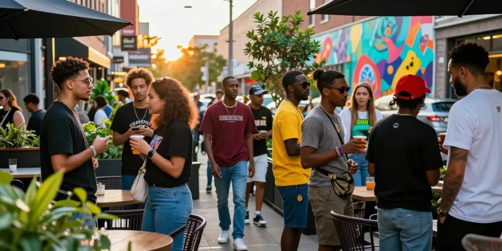 Group of young adults enjoying trendy streetwear at a café, embodying the vibe of rokok88.